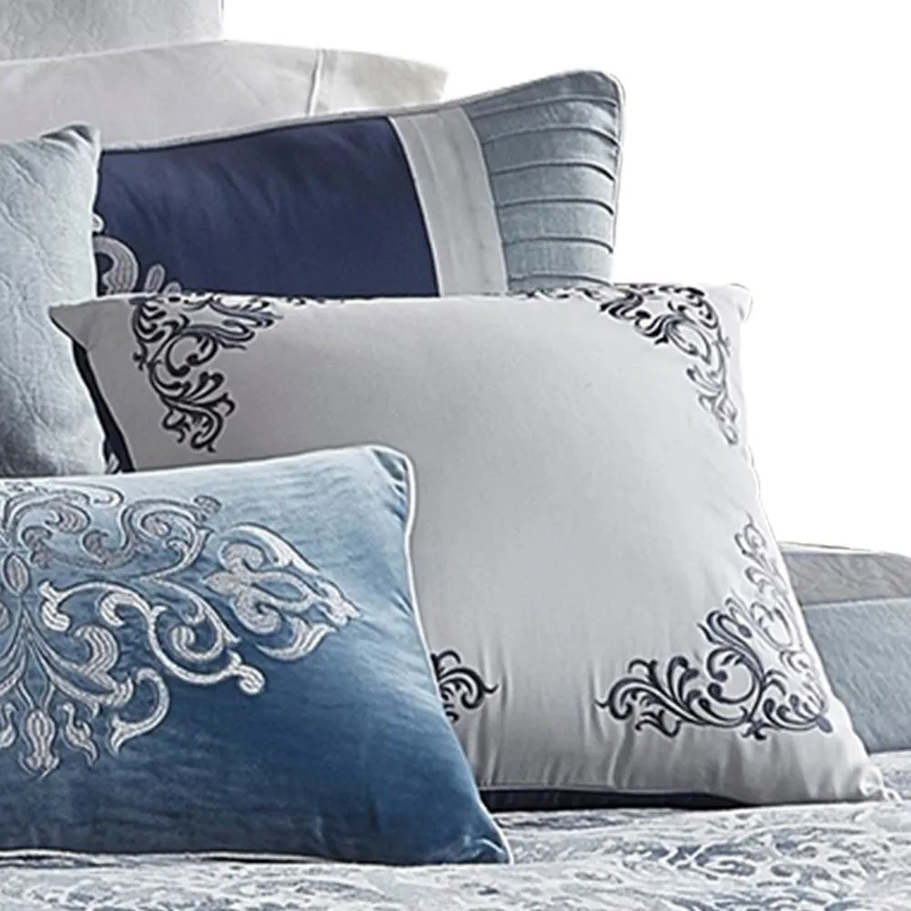 10 Piece King Polyester Comforter Set with Damask Prints, Blue and Gray By Casagear Home