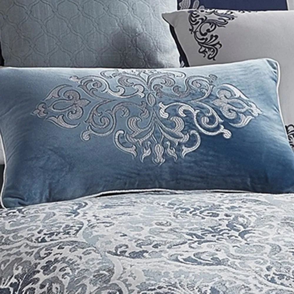 10 Piece King Polyester Comforter Set with Damask Prints, Blue and Gray By Casagear Home