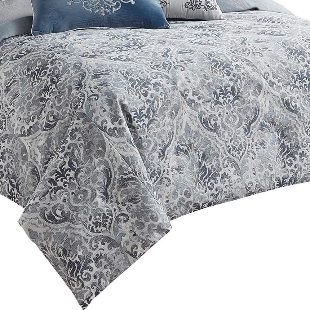 10 Piece King Polyester Comforter Set with Damask Prints, Blue and Gray By Casagear Home