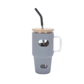 1.1L Reusable Glass Tumbler Cup with Bamboo Lid and Straw IF-96 GREY