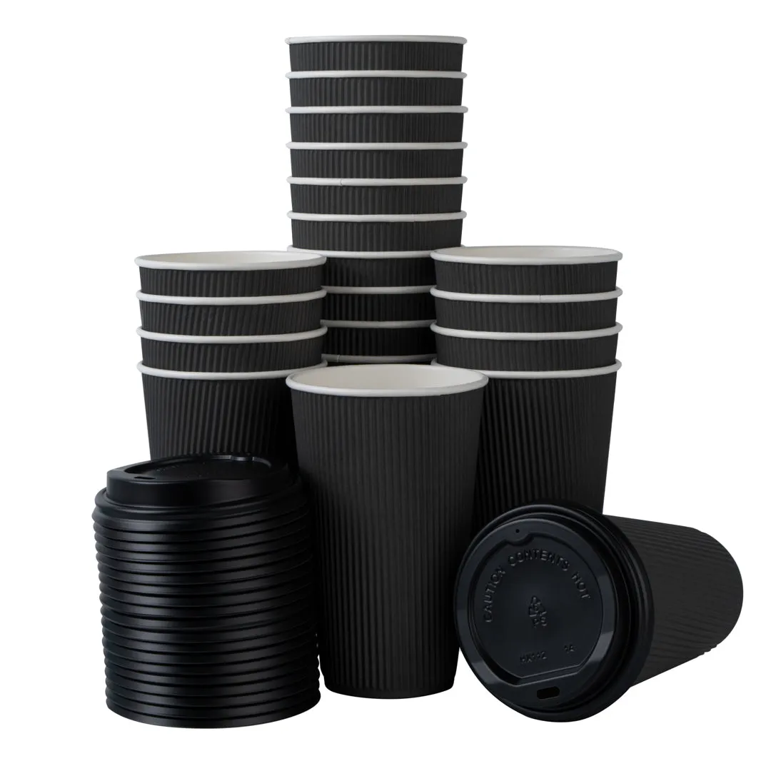 16 oz Black Paper Ripple Wall Coffee Cup - with Black Lid - 3 1/2" x 3 1/2" x 6 1/4" - 200 count box