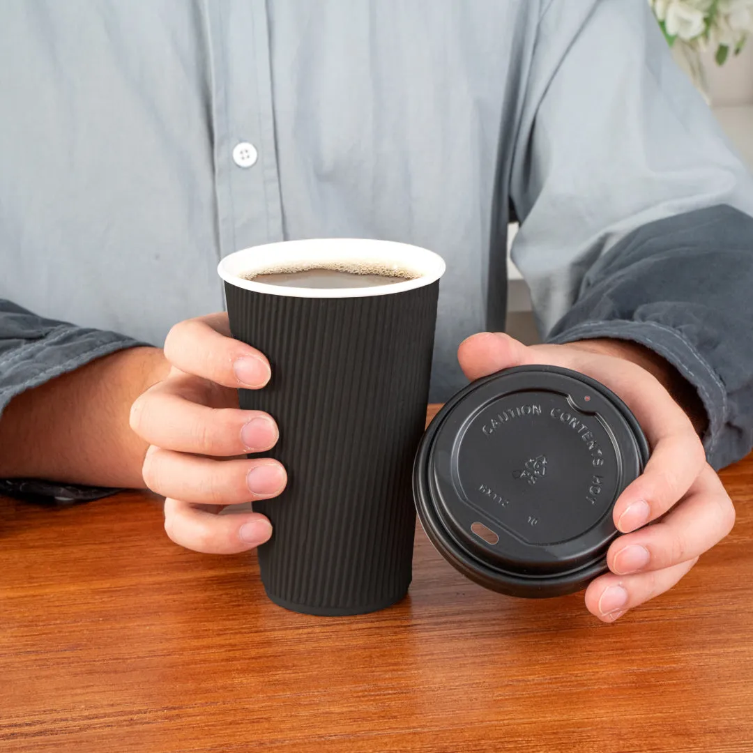 16 oz Black Paper Ripple Wall Coffee Cup - with Black Lid - 3 1/2" x 3 1/2" x 6 1/4" - 200 count box