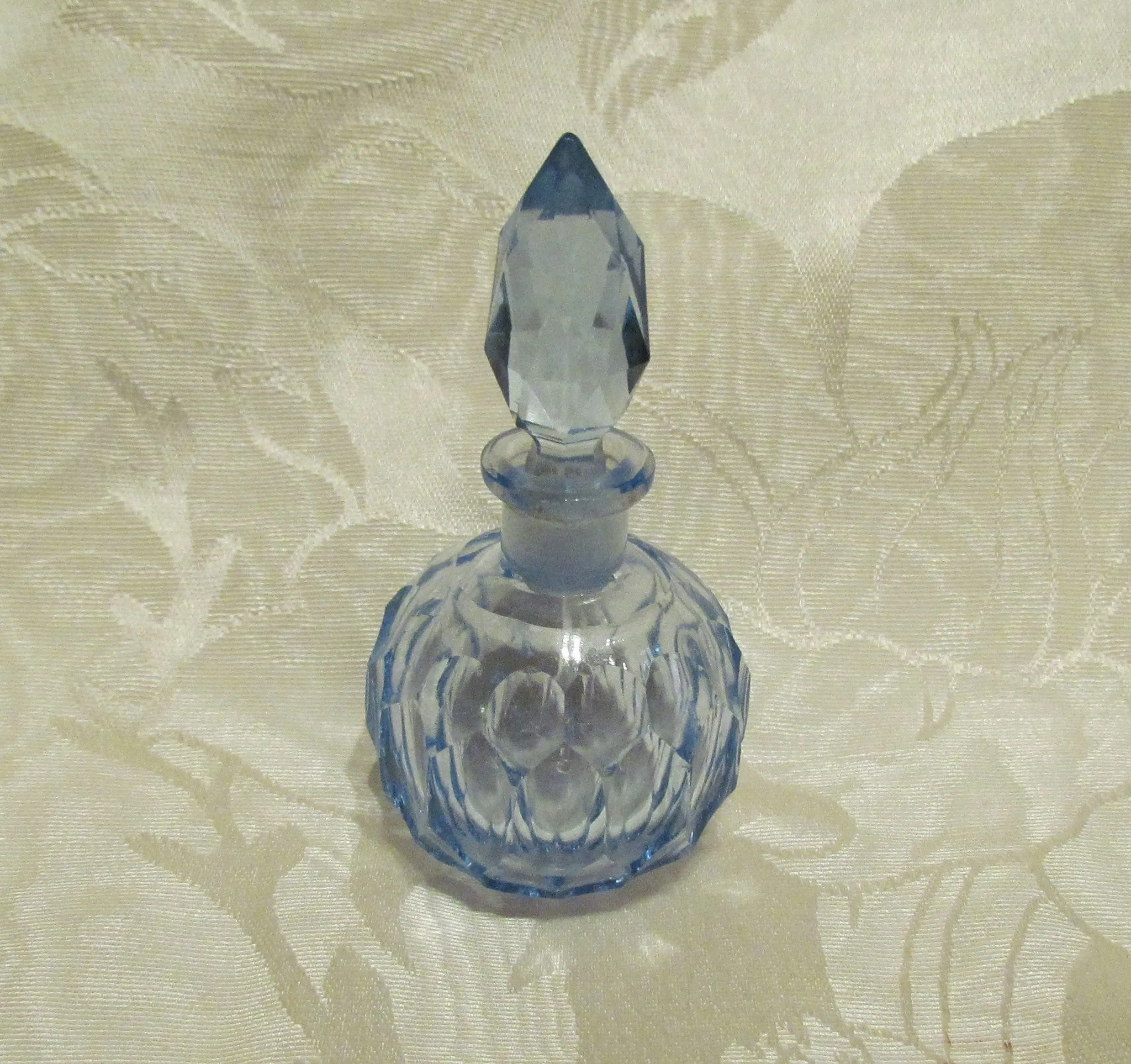 1940s Cut Crystal Perfume Bottle Light Blue Depression Glass