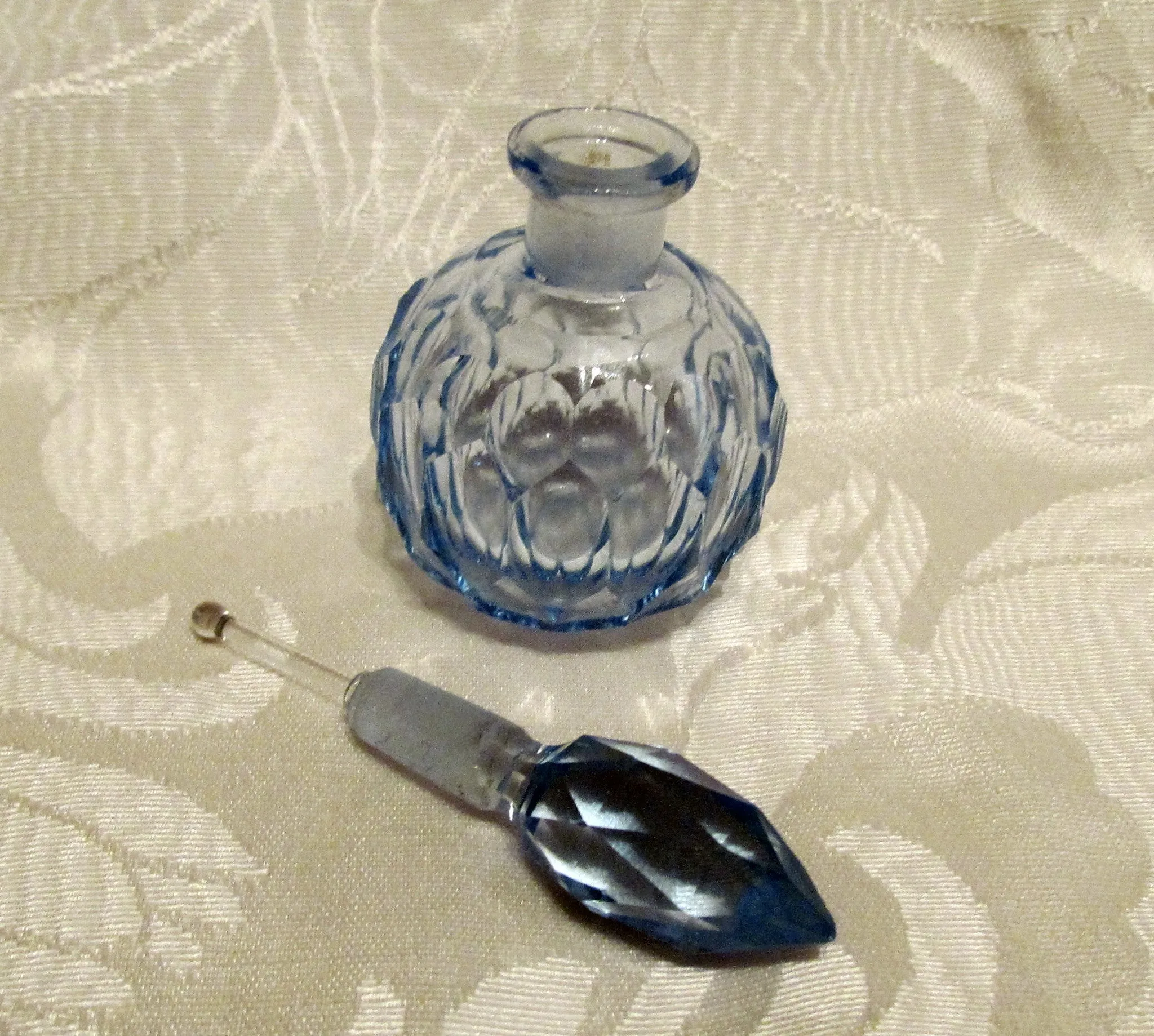 1940s Cut Crystal Perfume Bottle Light Blue Depression Glass