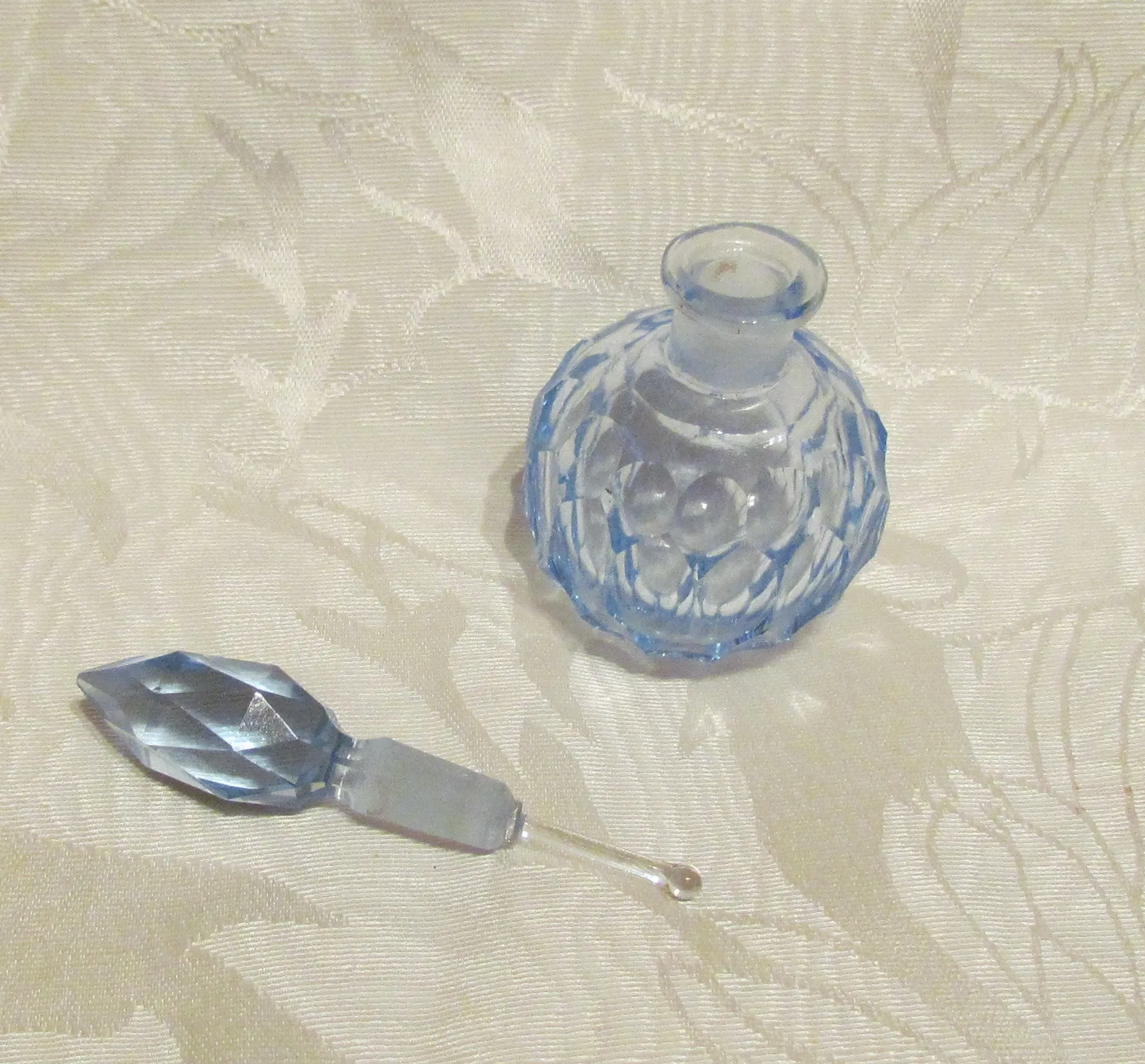 1940s Cut Crystal Perfume Bottle Light Blue Depression Glass