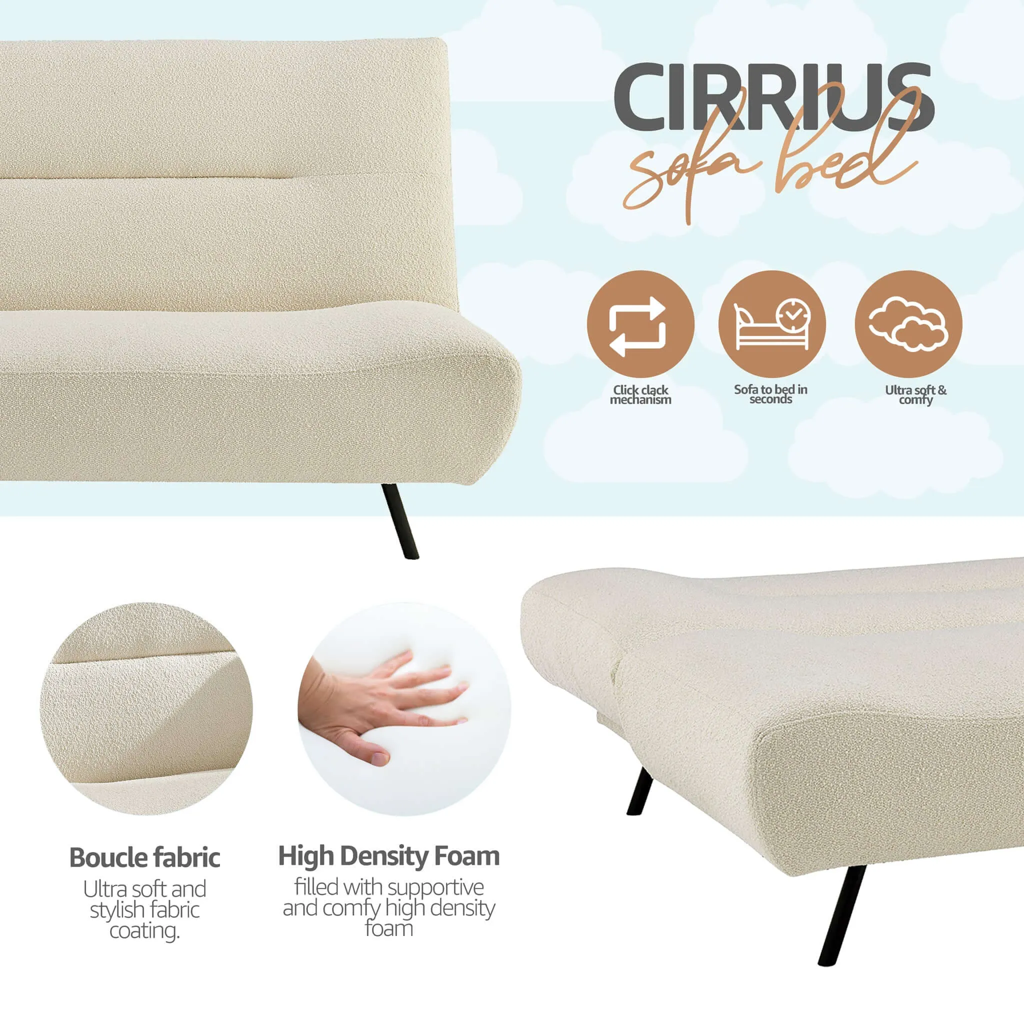 2 Seater Sofa Bed Click Clack Cirrus Fluffy Cream Boucle