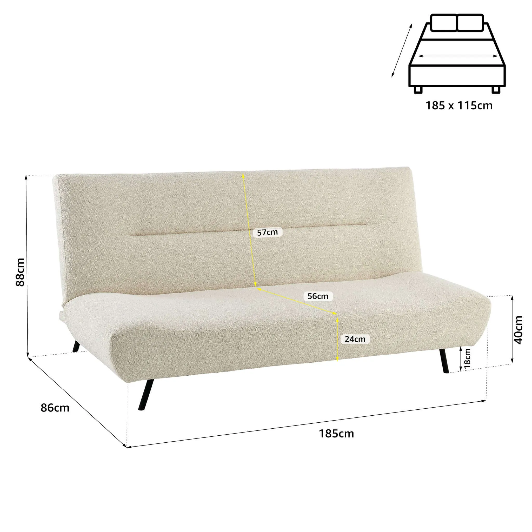 2 Seater Sofa Bed Click Clack Cirrus Fluffy Cream Boucle