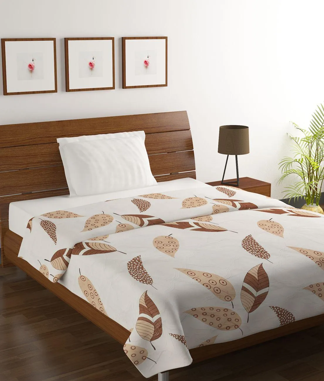 3D Beige Leaf Printed Single Comforter (150 X 210 Cm, White)