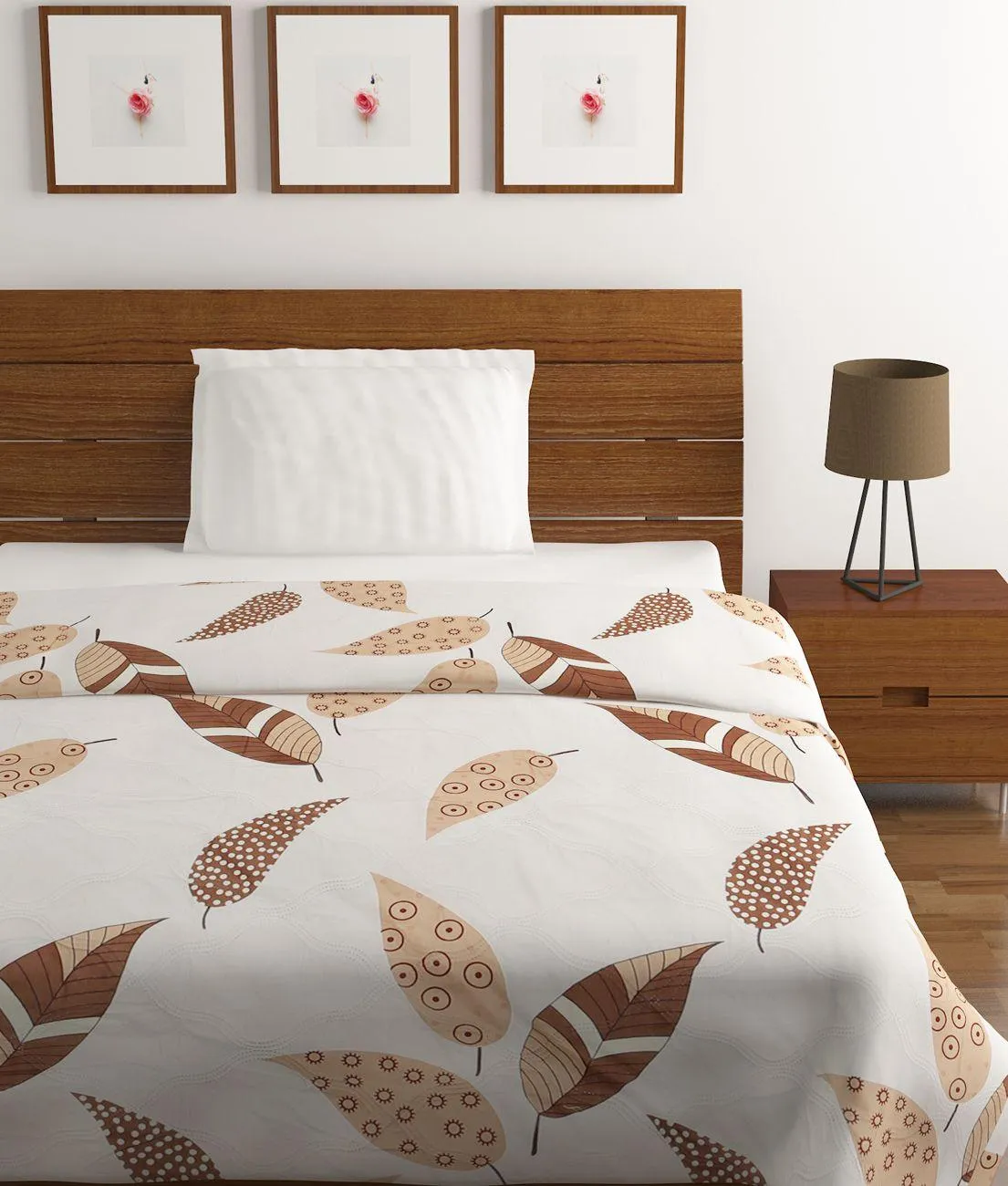 3D Beige Leaf Printed Single Comforter (150 X 210 Cm, White)