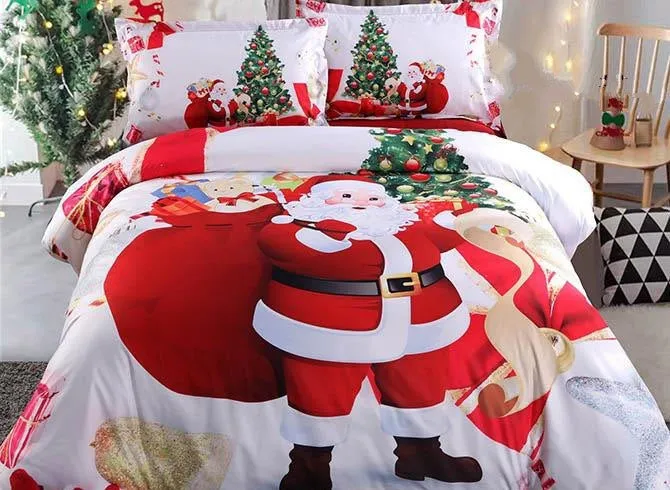 3D Santa and Christmas Tree Printed Cotton Luxury 4-Piece White Bedding Sets