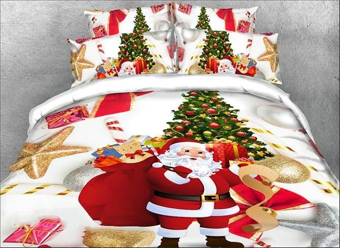 3D Santa and Christmas Tree Printed Cotton Luxury 4-Piece White Bedding Sets