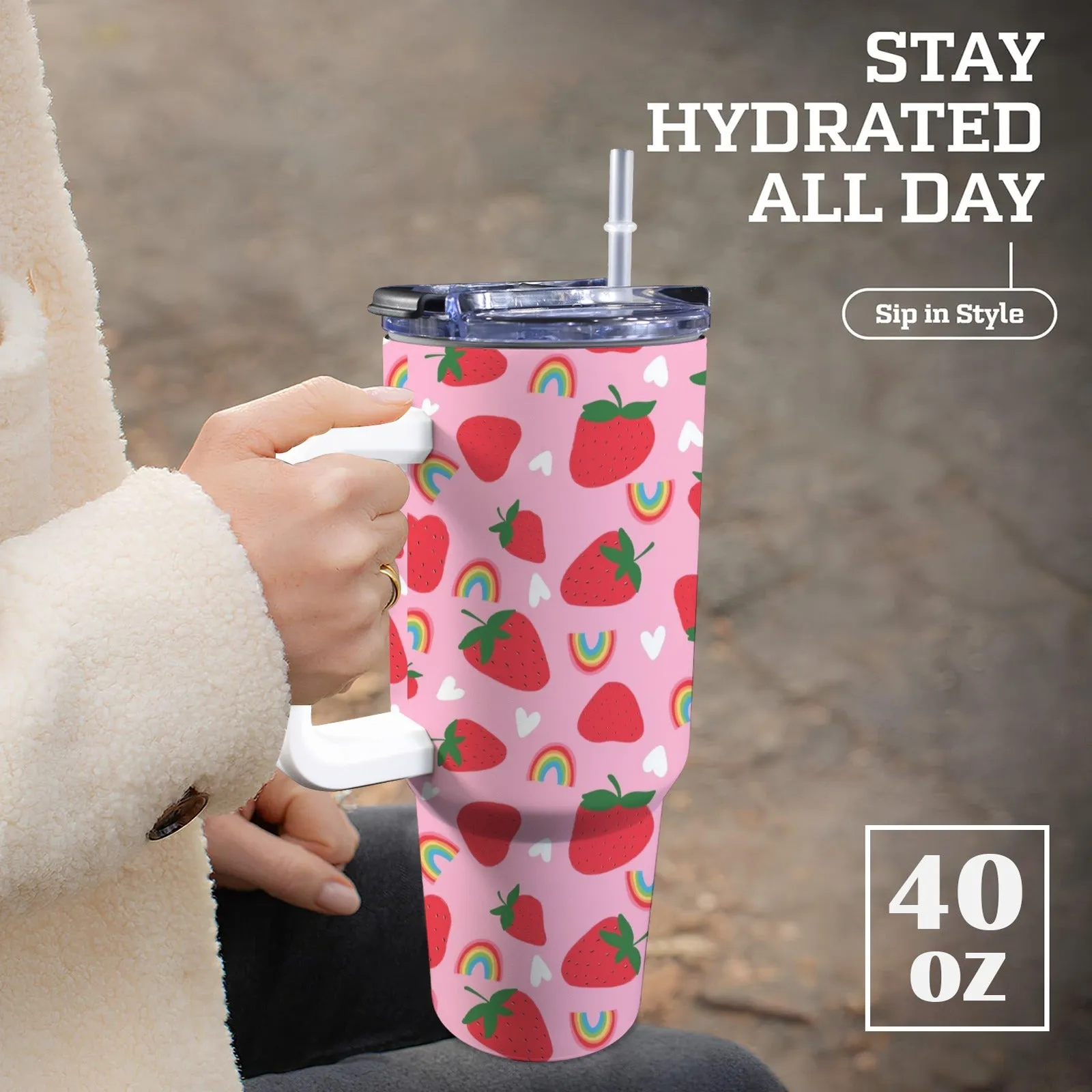 40oz Stainless Steel Insulated Travel Cup with Straw and Handle - Fun Patterns, Bold Colours