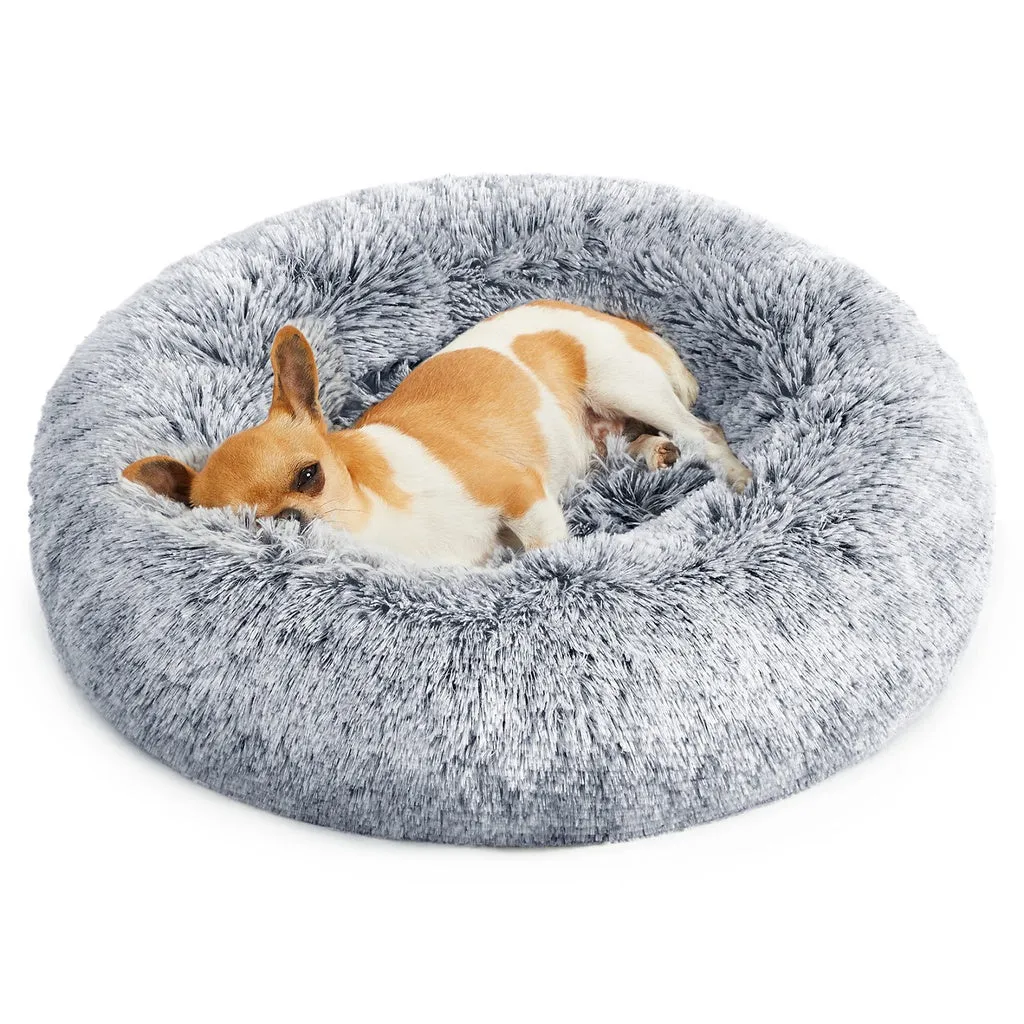 50cm Plush Grey Dog Bed, Anti-Slip, Washable Cover - FEANDREA