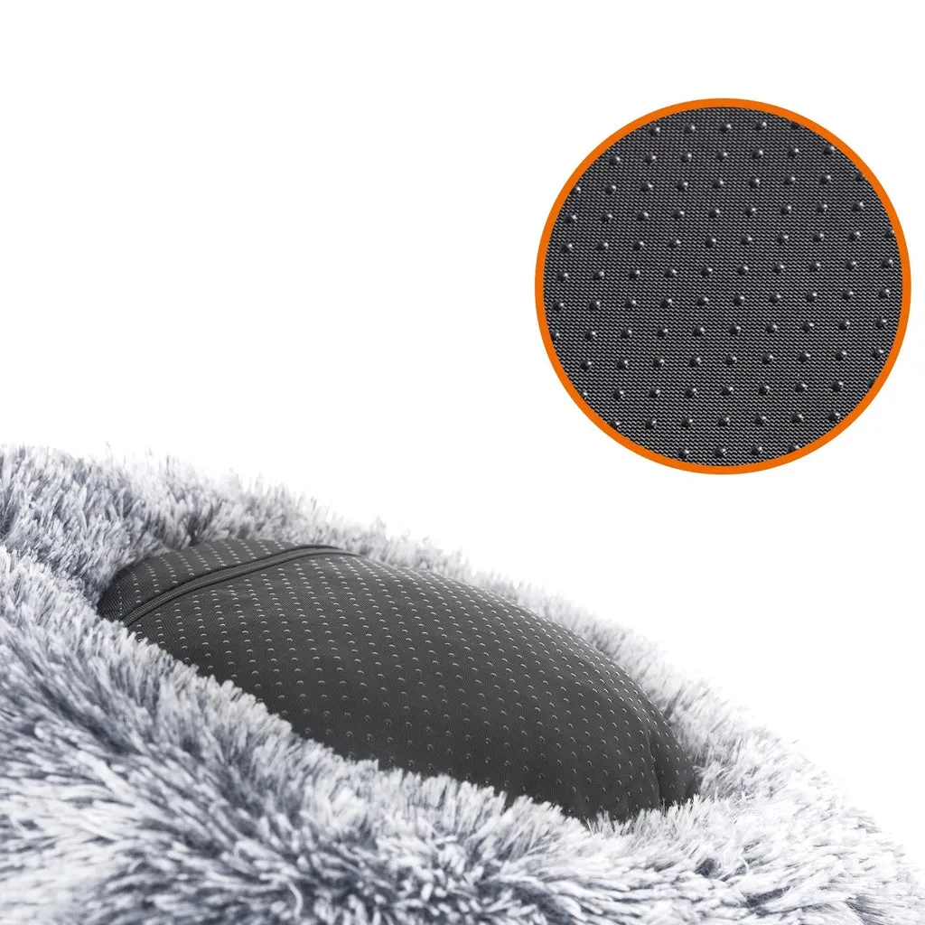 50cm Plush Grey Dog Bed, Anti-Slip, Washable Cover - FEANDREA