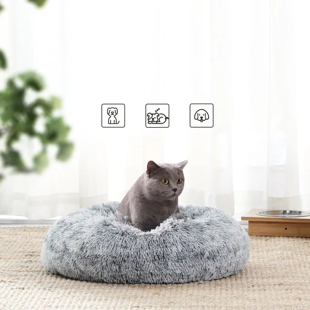 50cm Plush Grey Dog Bed, Anti-Slip, Washable Cover - FEANDREA