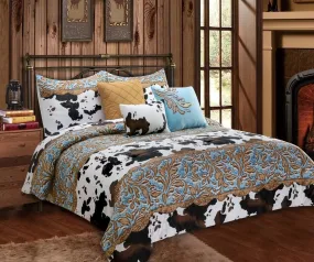 6 Piece Tooled Leather & Cowprint Bed Set