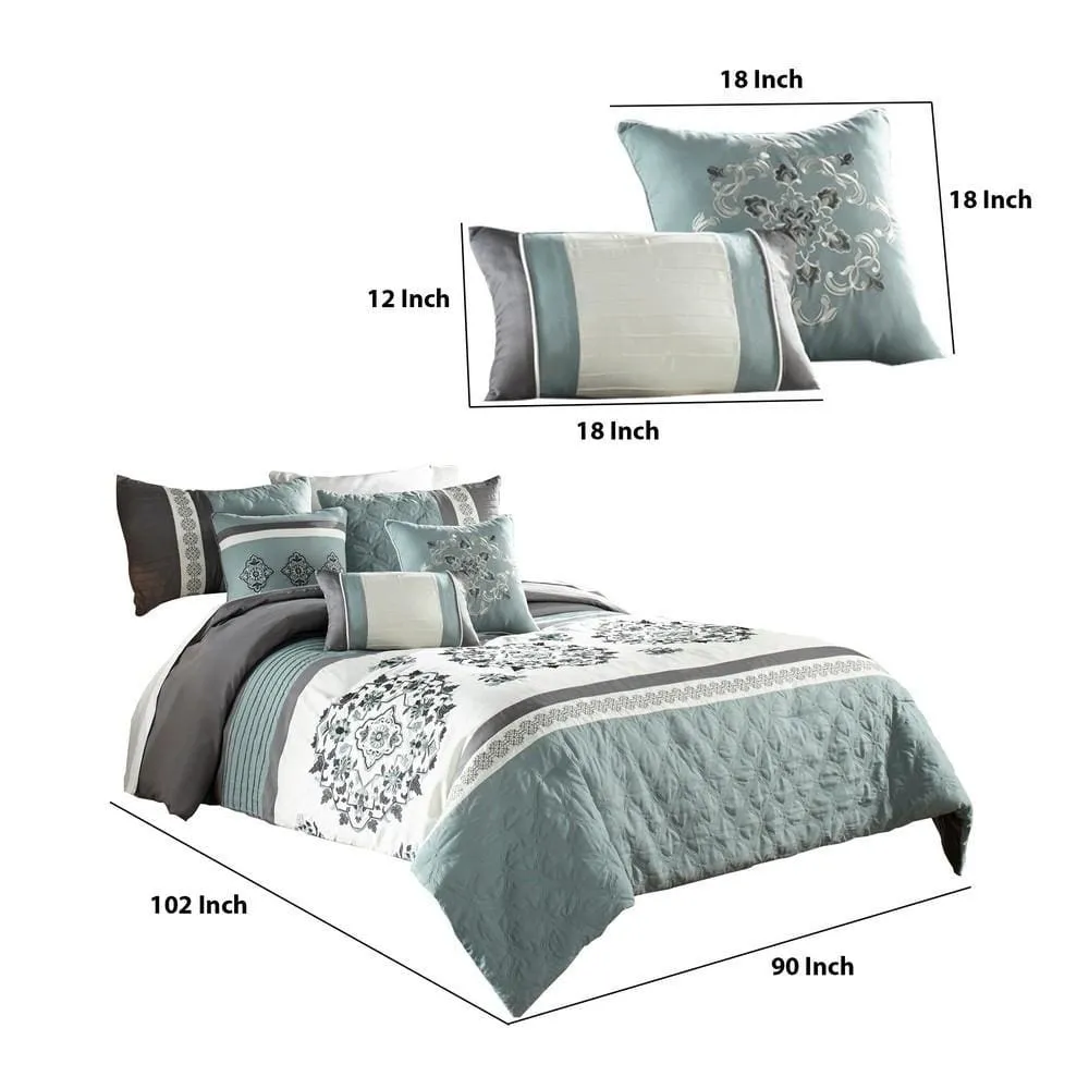 7 Piece King Polyester Comforter Set with Floral Details, Blue and Gray By Casagear Home