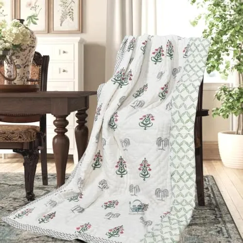 AARMOZY Cotton Jaipuri Razai Double Bed Hand Block Floral Buta Bail Print Quilt Blanket - Green/Pink (Double Bed C) (90X108inches)