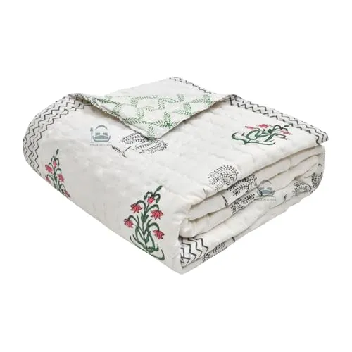 AARMOZY Cotton Jaipuri Razai Double Bed Hand Block Floral Buta Bail Print Quilt Blanket - Green/Pink (Double Bed C) (90X108inches)