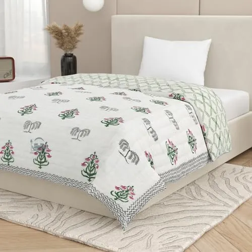 AARMOZY Cotton Jaipuri Razai Double Bed Hand Block Floral Buta Bail Print Quilt Blanket - Green/Pink (Double Bed C) (90X108inches)