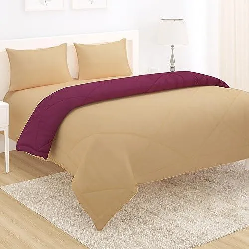 AC Comforter and Bedding Set for Double Bed, Natural Beige & Plum