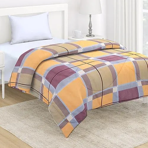 AC Comforter and Bedding Set for Single Bed, Apricot Orange Checks