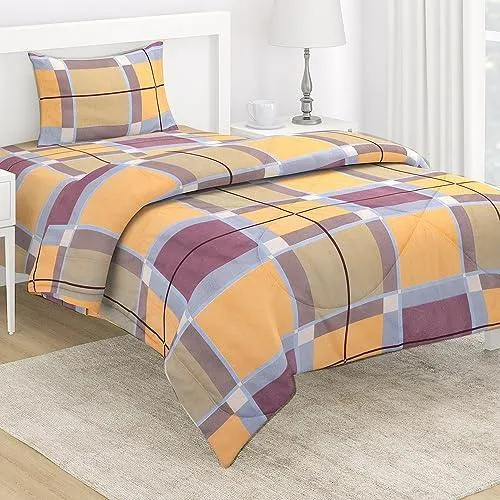 AC Comforter and Bedding Set for Single Bed, Apricot Orange Checks