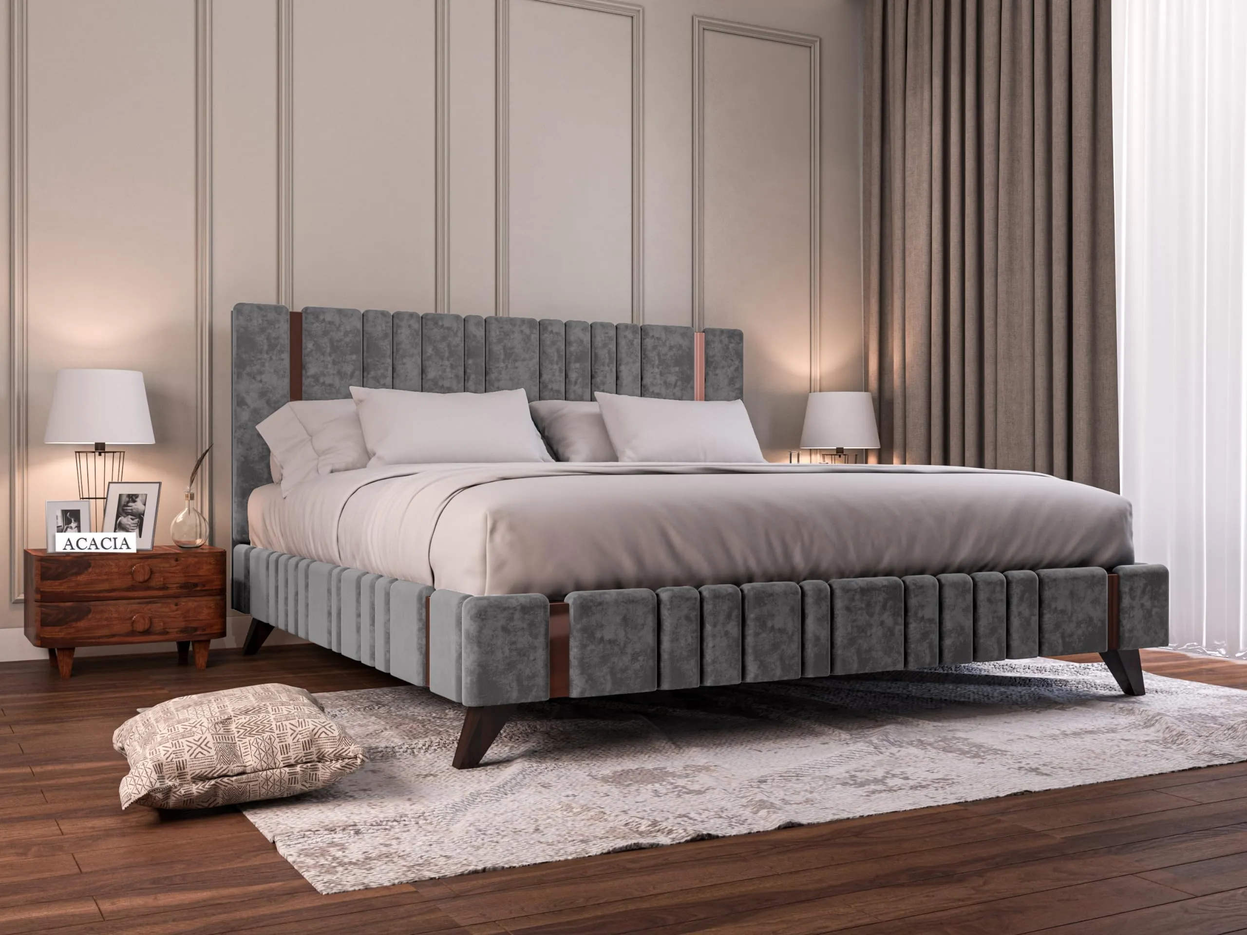 Acacia Modern Upholstered King Size Bed for Bedroom | Wooden Double Bed | Platform Cot Bed with Upholstery Premium Fabric | 6.5 x 6 Ft | Sheesham Solid Wood (Brown, Light Grey, Copper Line)