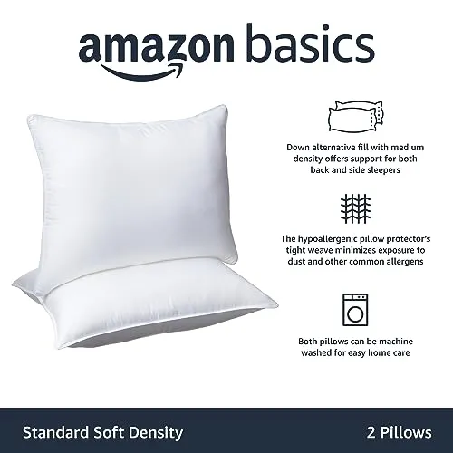 amazon basics Polyester Ultra Soft Down Alternative Bed Pillows Large 2 Pack- 20X26 inches (50.8 cmX66.04 cm)