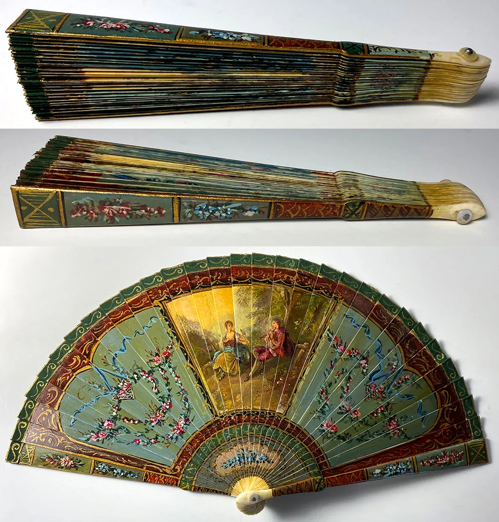 Antique French Hand Painted Vernis Martin 16cm Brisé Hand Fan, Romantic Era c.1700s Manner, c.1895-1905. #1