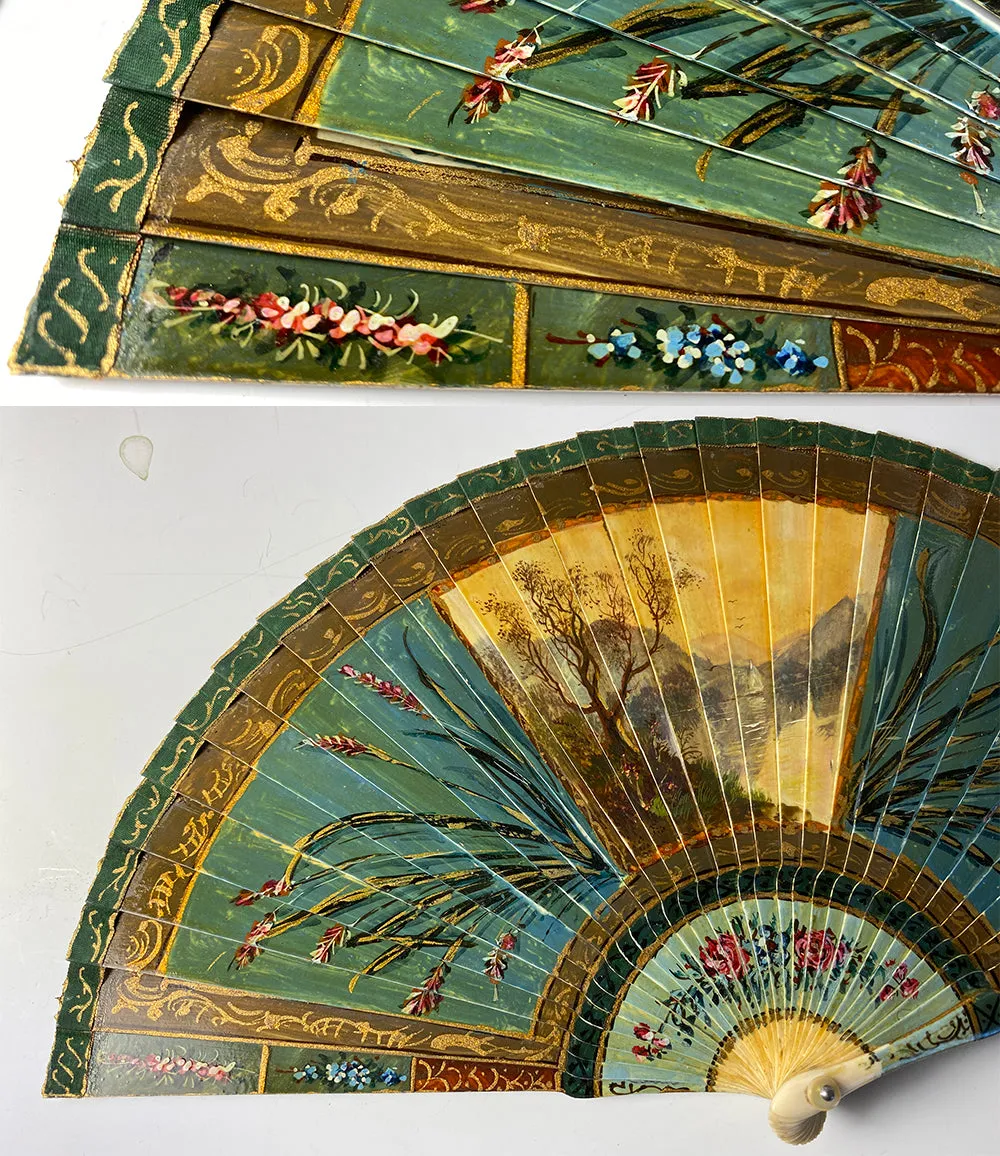 Antique French Hand Painted Vernis Martin 16cm Brisé Hand Fan, Romantic Era c.1700s Manner, c.1895-1905. #1