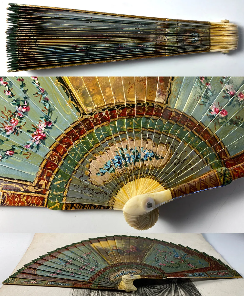 Antique French Hand Painted Vernis Martin 16cm Brisé Hand Fan, Romantic Era c.1700s Manner, c.1895-1905. #1