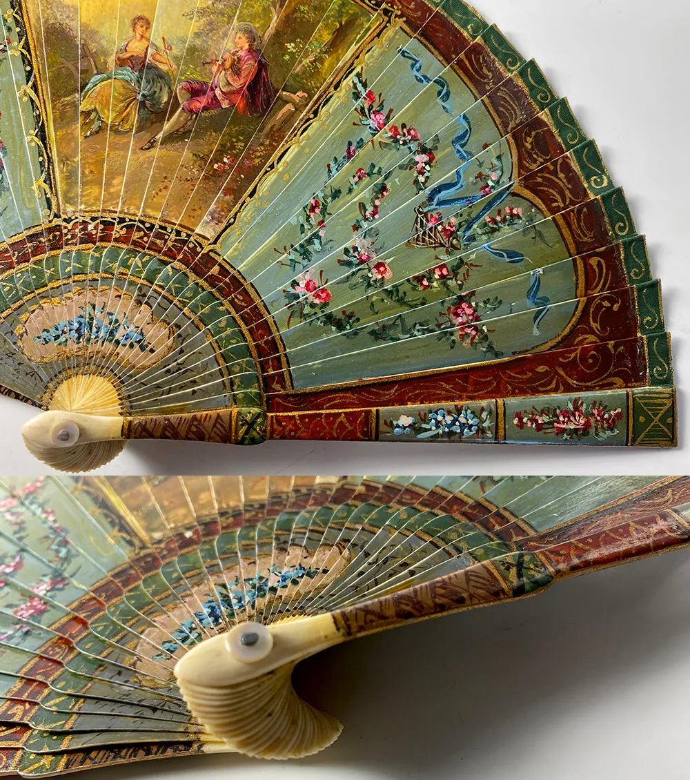 Antique French Hand Painted Vernis Martin 16cm Brisé Hand Fan, Romantic Era c.1700s Manner, c.1895-1905. #1