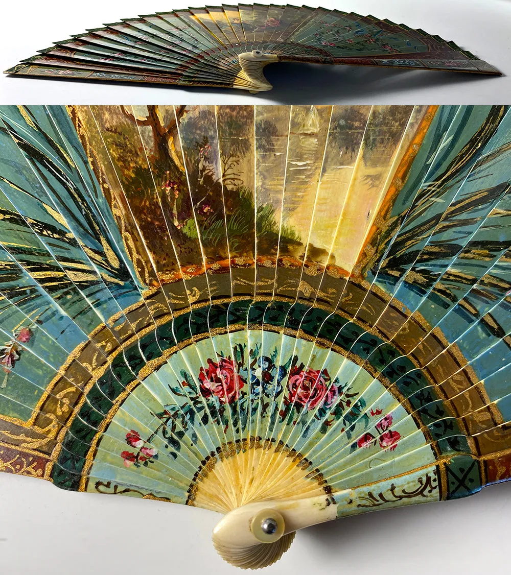 Antique French Hand Painted Vernis Martin 16cm Brisé Hand Fan, Romantic Era c.1700s Manner, c.1895-1905. #1