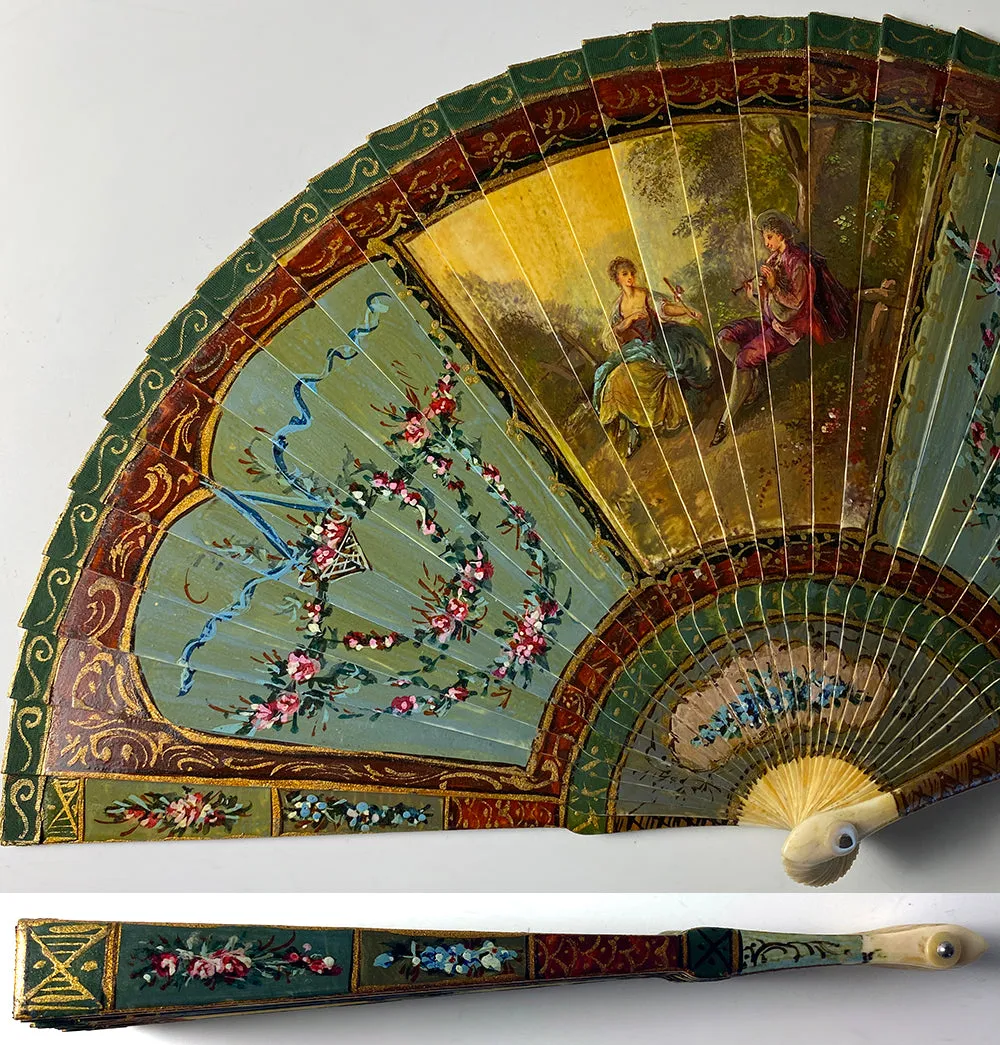 Antique French Hand Painted Vernis Martin 16cm Brisé Hand Fan, Romantic Era c.1700s Manner, c.1895-1905. #1