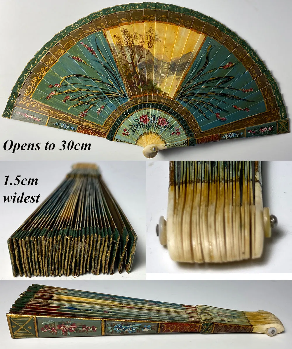 Antique French Hand Painted Vernis Martin 16cm Brisé Hand Fan, Romantic Era c.1700s Manner, c.1895-1905. #1