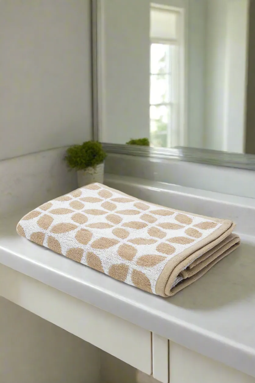 Beige And White Printed Bath Towel