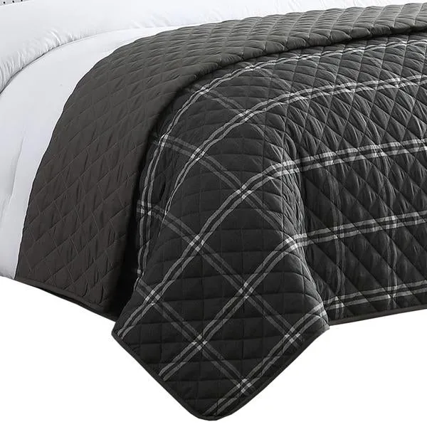 Benzara 8 Piece King Size Fabric Comforter Set with Oversized Check Prints, Black