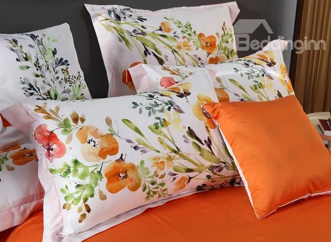 Birds Flowers Watercolor Painting Pastoral Style Luxury 4-Piece Cotton Bedding Set