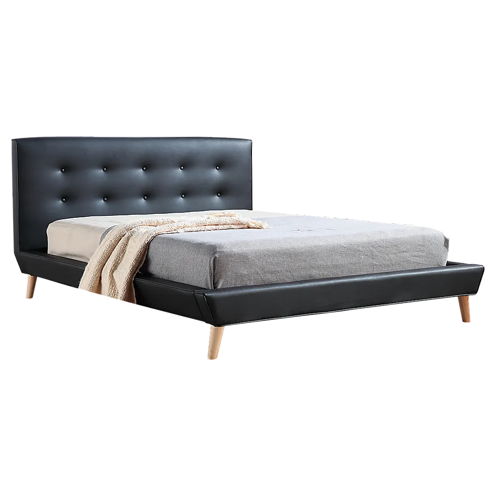 Black PU Leather Double Bed Frame & Button Tufted Headboard