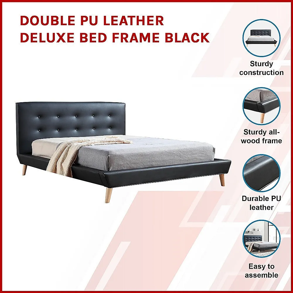 Black PU Leather Double Bed Frame & Button Tufted Headboard