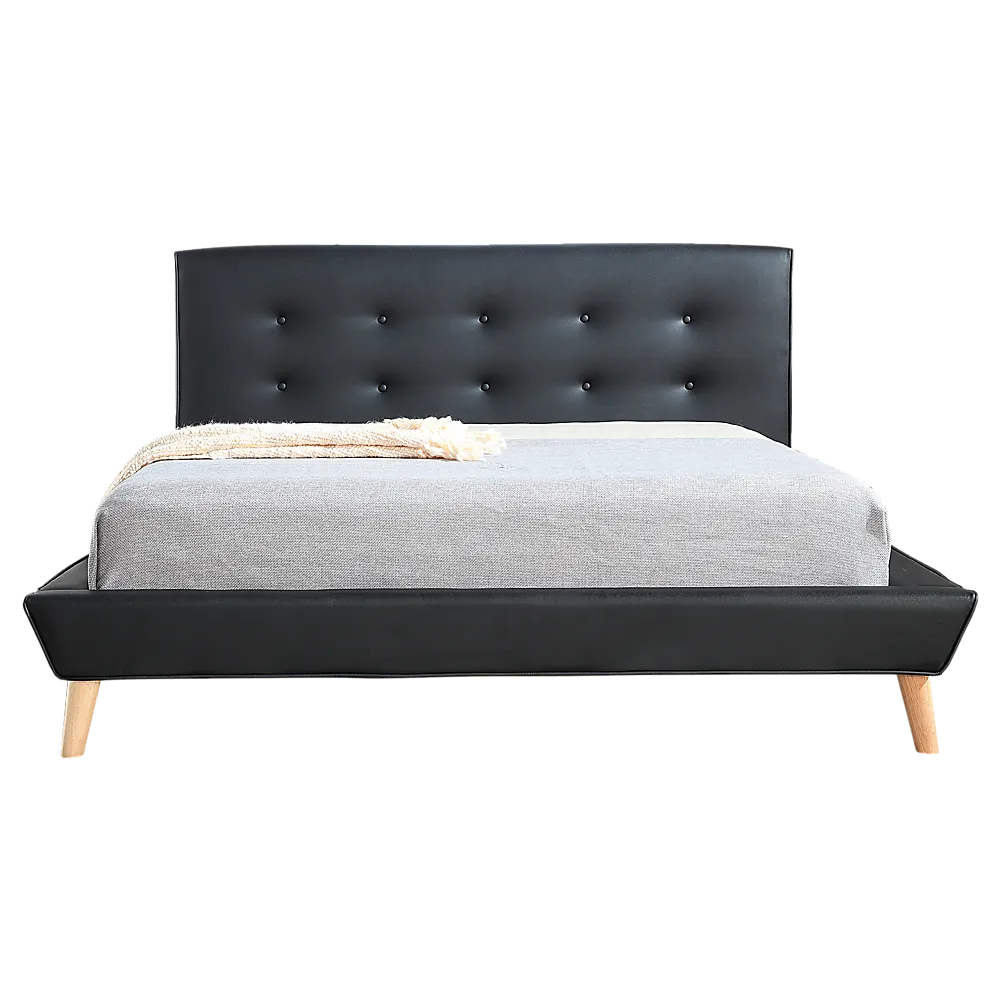 Black PU Leather Double Bed Frame & Button Tufted Headboard