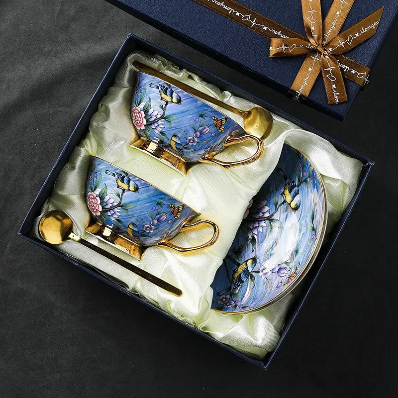 Blue Bird and Butterfly Bone China Porcelain Tea Cup Set, Unique British Tea Cup and Saucer in Gift Box, Elegant British Ceramic Coffee Cups