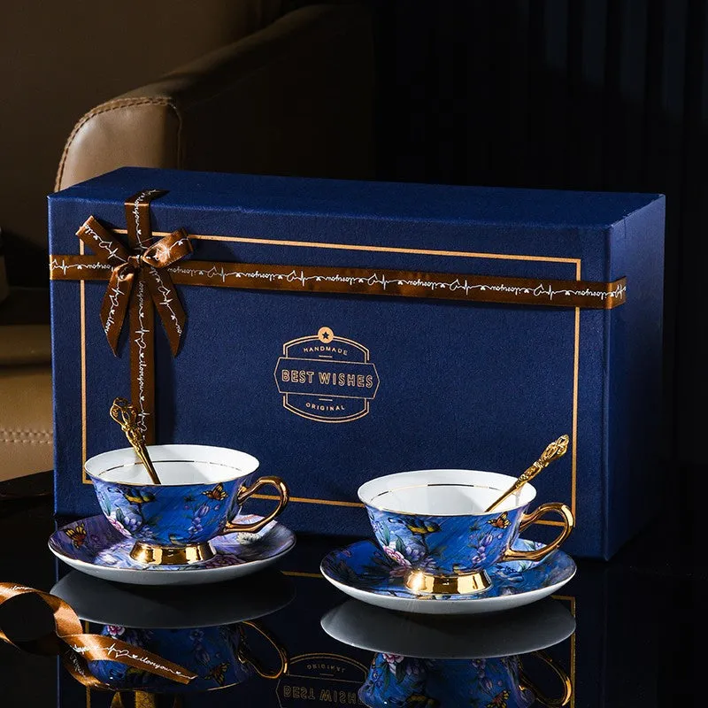 Blue Bird and Butterfly Bone China Porcelain Tea Cup Set, Unique British Tea Cup and Saucer in Gift Box, Elegant British Ceramic Coffee Cups