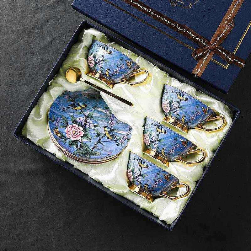 Blue Bird and Butterfly Bone China Porcelain Tea Cup Set, Unique British Tea Cup and Saucer in Gift Box, Elegant British Ceramic Coffee Cups