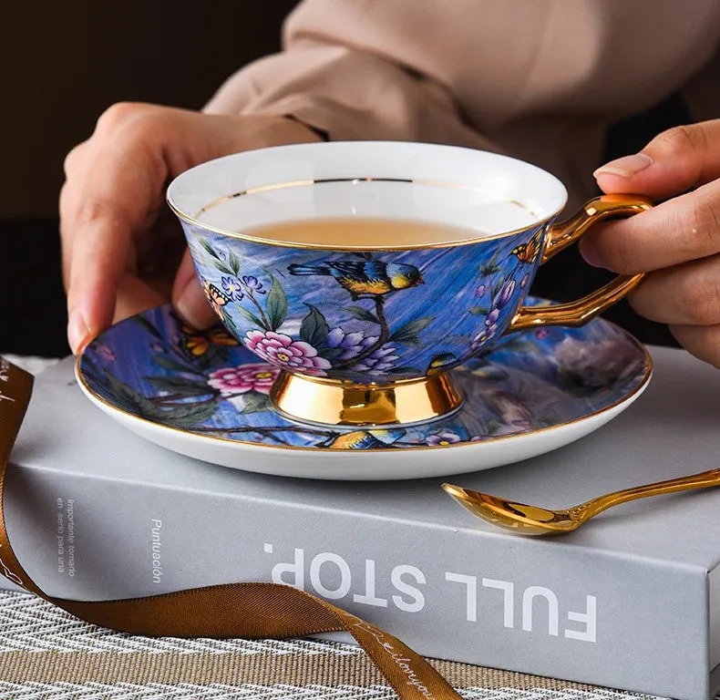 Blue Bird and Butterfly Bone China Porcelain Tea Cup Set, Unique British Tea Cup and Saucer in Gift Box, Elegant British Ceramic Coffee Cups