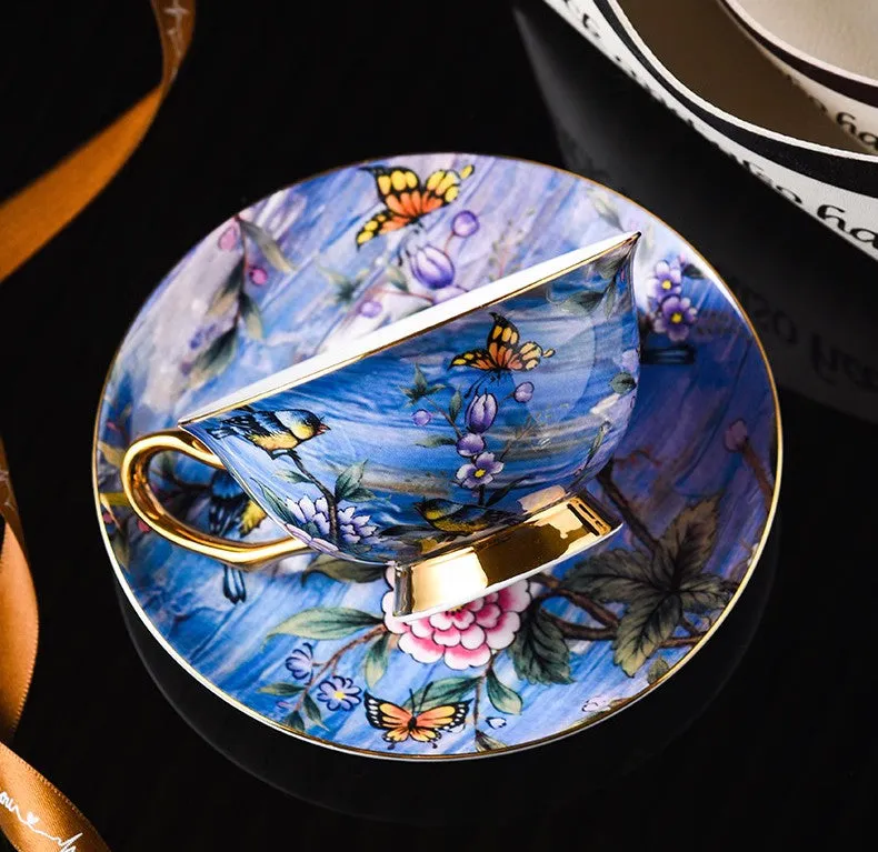 Blue Bird and Butterfly Bone China Porcelain Tea Cup Set, Unique British Tea Cup and Saucer in Gift Box, Elegant British Ceramic Coffee Cups