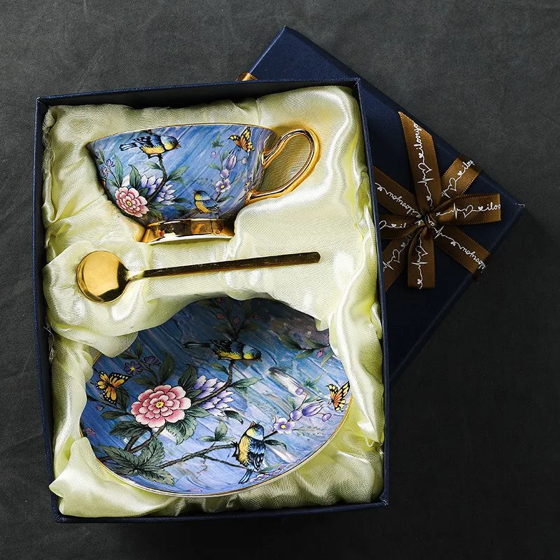 Blue Bird and Butterfly Bone China Porcelain Tea Cup Set, Unique British Tea Cup and Saucer in Gift Box, Elegant British Ceramic Coffee Cups