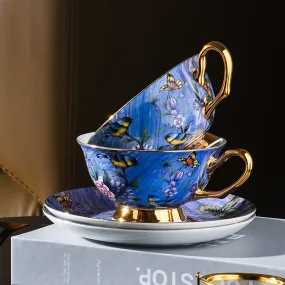 Blue Bird and Butterfly Bone China Porcelain Tea Cup Set, Unique British Tea Cup and Saucer in Gift Box, Elegant British Ceramic Coffee Cups