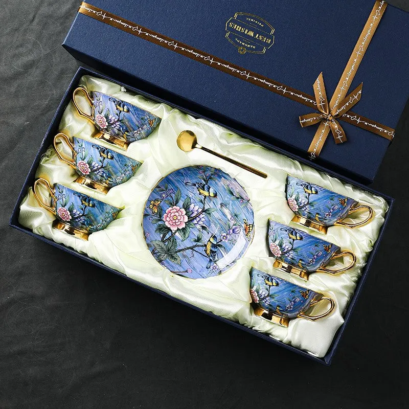 Blue Bird and Butterfly Bone China Porcelain Tea Cup Set, Unique British Tea Cup and Saucer in Gift Box, Elegant British Ceramic Coffee Cups